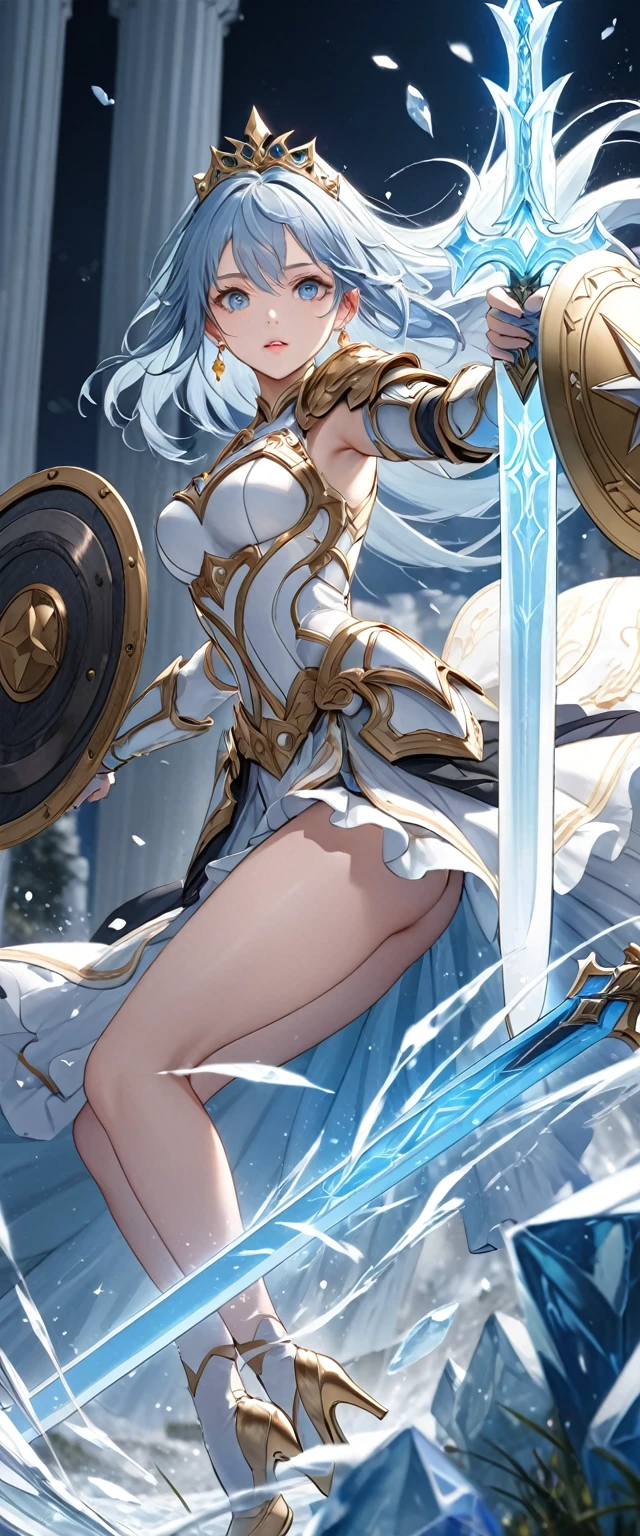 (Perfect Anatomy)、Mastepiece、Ultra High Quality、 8k、masterpiece、Highest quality、Ultra-high resolution、Maximum resolution、Very detailed、Professional Lighting、anime、woman、thin、so beautiful、Highly detailed eye、Highly detailed face、Blue and white armor, , Golden decorated luxury tiara，Golden earrings，Frilly Armor，Light blue hair, blue eyes，White underwear、Gloss Lip、Pink Lips、grassland, full body, dynamic angle, dynamic pose, Heroic pose, pillars of ice, (((long sword))), (((shield))), Defending with water magic, Making eyes glow, flying attack, Swinging down a sword, goddess armor, high heels, floating hair, Detailed armor patterns