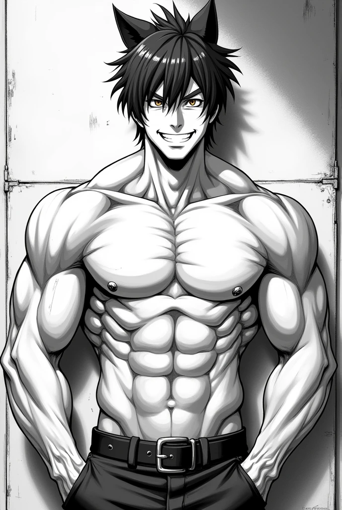 A shirtless guy is very muscular and is posing attractively with his mischievous smile but the image is like a black and white gay comic drawing in realistic mode with a nice face with an anime wolf cut