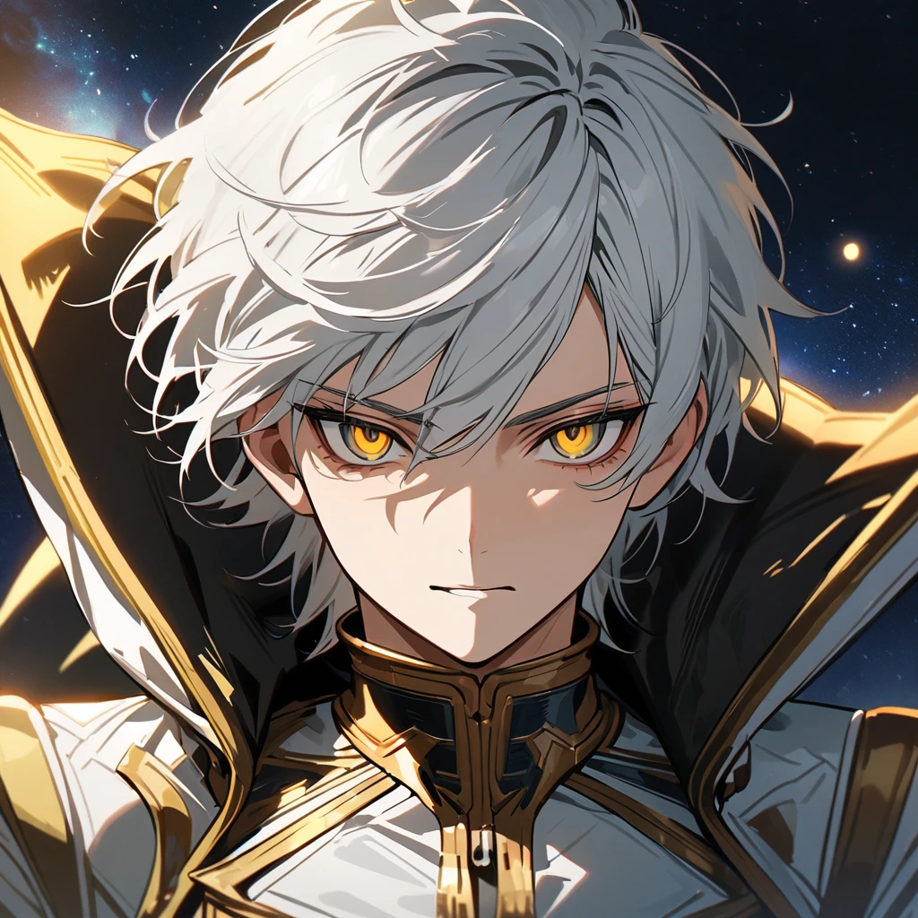 High quality, HD, 4k, no shadows, handsome male, 1male, 17 years old, teenager, short white hair, silver hair, white hair, sharp eyes, deep gold colored eyes, dark golden colored eyes, deep gold eyes, gold eyes, devil may cry, close up, calm expression, stoic expression, black leather clothes, white leather clothing, lean body, well trained body, upper body, looking at viewer, cowboy shot, white solar, space background