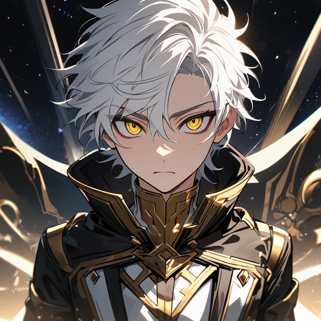 High quality, HD, 4k, no shadows, handsome male, 1male, , teenager, shwhite hair, silver hair, white hair, sharp eyes, deep gold colored eyes, dark golden colored eyes, deep gold eyes, gold eyes, devil may cry, close up, calm expression, stoic expression, black leather clothes, white leather clothing, lean body, well trained body, upper body, looking at viewer, cowboy shot, white solar, space background