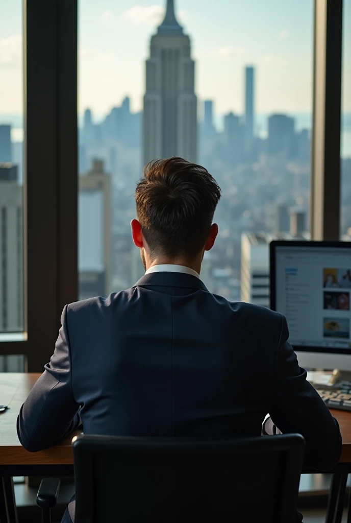 Portrait of a businessman in New York sitting behind his desk in a suit watching his self in the mirror, this man must be handsome and with little elegant hair the image must be clear and in 8k and behind him you must see New York