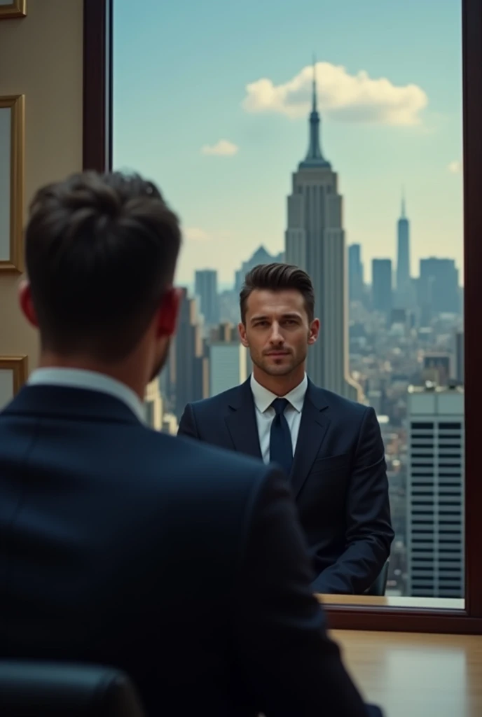 Portrait of a businessman in New York sitting behind his desk in a suit watching his self in the mirror, this man must be handsome and with little elegant hair the image must be clear and in 8k and behind him you must see New York