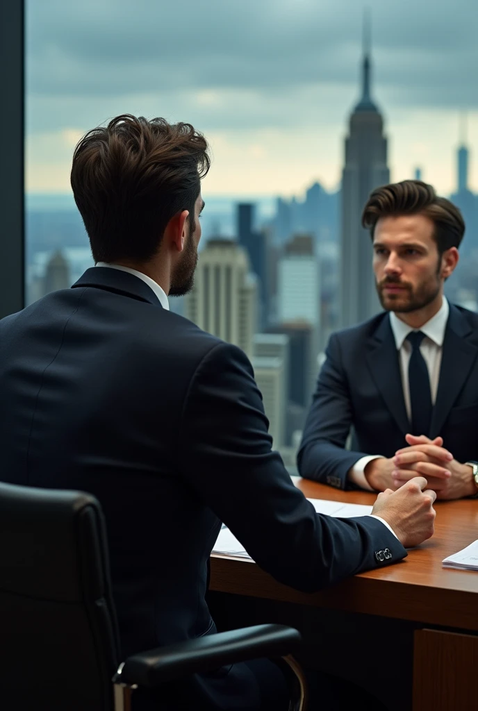 Portrait of a businessman in New York sitting behind his desk in a suit watching his self in the mirror, this man must be handsome and with little elegant hair the image must be clear and in 8k and behind him you must see New York
