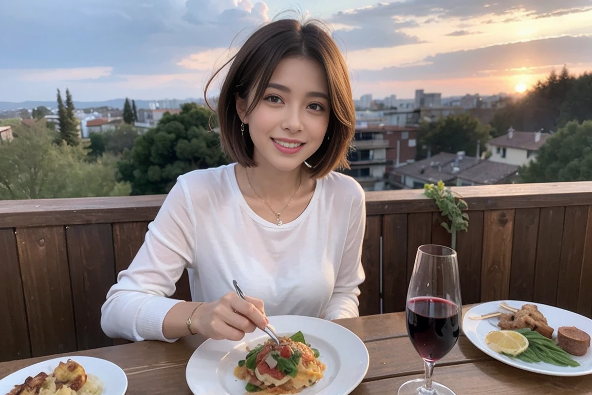 (Realistic:1.1),(masterpiece,Highest quality),8k,(49 years old), 53 years old, ベリーslimボディ、slimカップル、Tight waist,Upper Body,full-course dinner、wine 、Amazing view of the sunset sky and clouds、Perfect Anatomy, Brown Hair, short hair,Random Hairstyles,((Highly detailed face and eyes:1.2)),Perfect golden ratio face,Long sleeve shirt、dress,(smile:1.2)、Shortcuts、cute、(Realistic, Intricate details:1.2), A bright smile、short hair,Bright Face、赤wine 、Appetizers、Italian food、wine bottle、Champagne、スパークリングwine、(slimな顔), (The body is slim), (Brown Hair), (Shortcuts), Upper Body, 白wine, slim, wineグラス,