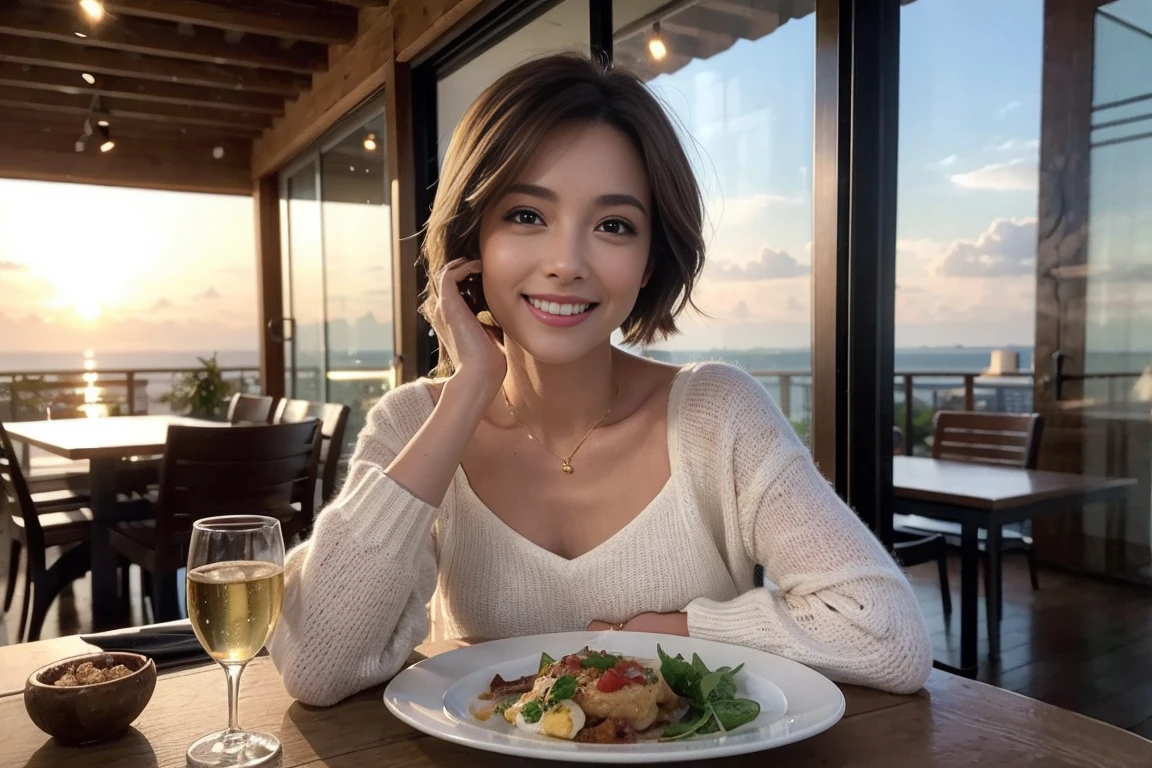 (Realistic:1.1),(masterpiece,Highest quality),8k,(49 years old), 53 years old, ベリーslimボディ、slimカップル、Tight waist,Upper Body,full-course dinner、wine 、Amazing view of the sunset sky and clouds、Perfect Anatomy, Brown Hair, short hair,Random Hairstyles,((Highly detailed face and eyes:1.2)),Perfect golden ratio face,Long sleeve shirt、dress,(smile:1.2)、Shortcuts、cute、(Realistic, Intricate details:1.2), A bright smile、short hair,Bright Face、赤wine 、Appetizers、Italian food、wine bottle、Champagne、スパークリングwine、(slimな顔), (The body is slim), (Brown Hair), (Shortcuts), Upper Body, 白wine, slim, wineグラス,