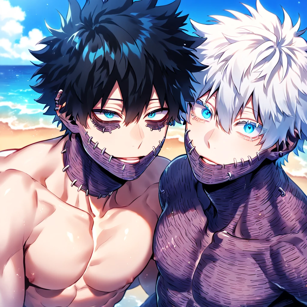 absurdres, highres, ultra detailed, HDR, master piece, best quality, detailed eyes, extremely detailed, delicated features, Dabi, black hair, expressive turquoise eyes, Boku No Hero Academia, Gojou Satoru, white hair, expressive blue eyes, white eyelashes, two sexy men together, yaoi, gay couple, handsome, manly man, bare chest, summer, sea, beach, blue sky