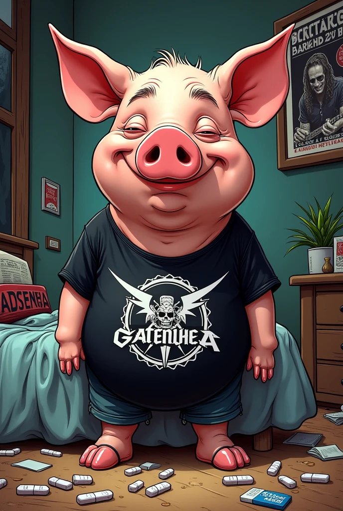 A pig drawn in cartoon art style, like the one on the cover of Mad Magazine. The art has to be very realistic and fun.. A pig in his messy room with clothes and xanax tablets, messy death metal and black metal band outfits, posters de bandas com logos como bandas tipo Mayhem e Canibal corpse e black dahlia murder. But the bands are called Gatenha. The pig is on xanax, and with a black metal band shirt with the name Gatenha. The pig is high on benzodiazepines and his expression is relaxed and content., with swollen eyes. His eyebrows are thick and his hair is bald.
