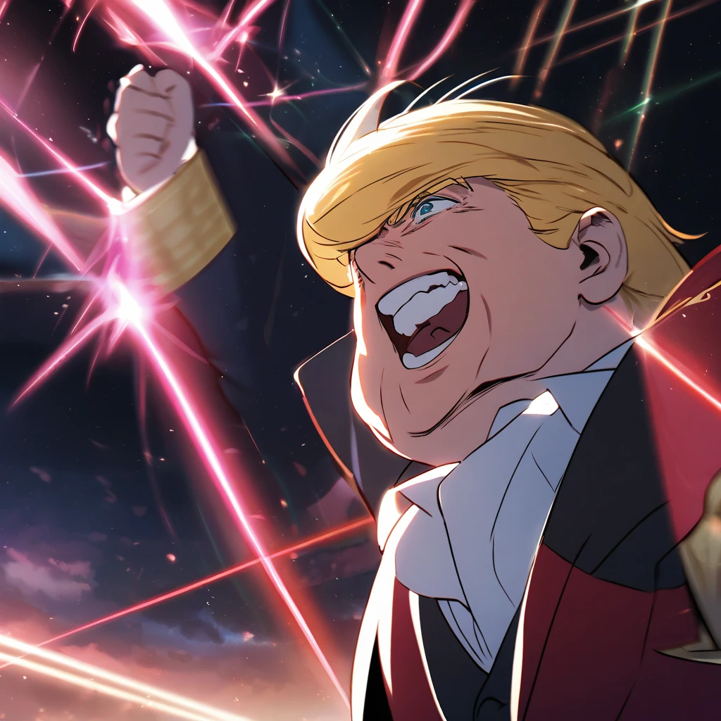 Donald Trump in a triumphant pose, cheering to the sky, ruby laser beams shooting up from his eyes