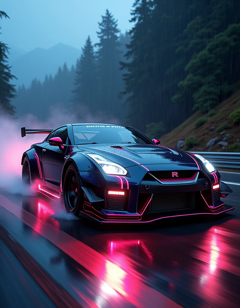 (masterpiece), best quality, ultra-detailed, 8K), 2024 GTR Nismo, street racing-inspired, Drifting inspired, LED, ((Twin headlights)), (((Bright neon color racing stripes))), (Black racing wheels), (best quality,4k,8k,highres,masterpiece:1.2),ultra-detailed, ((a customized car)), ((street racer)), ((a beautiful paintjob)), ((fully detailed)), Wheel spin showing motion, Show car in motion, Burnout, wide body kit, modified car, racing livery, masterpiece, best quality, realistic, ultra highres, (((depth of field))), (full dual color neon lights:1.2), (hard dual color lighting:1.4), (detailed background), (masterpiece:1.2), (ultra detailed), (best quality), intricate, comprehensive cinematic, magical photography, (gradients), glossy, Drifting, going fast, night, bright yellow headlights, setting USA Oregon's Mountain roads, No text on signs, Late night time, Set in a rain storm with lightning,1 car., Nature, model shoot style, Fast action style, Sideways drifting in to a turn, Red and black cars, Night with galaxy sky, Fast action style, fire out of tail pipes, Sideways drifting in to a turn, Neon galaxy metallic paint with race stripes, aesthetic, intricate, realistic, cinematic lighting, Neon Paint, streaks of fire,