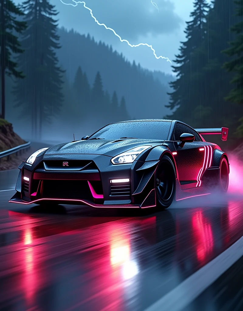 (masterpiece), best quality, ultra-detailed, 8K), 2024 GTR Nismo, street racing-inspired, Drifting inspired, LED, ((Twin headlights)), (((Bright neon color racing stripes))), (Black racing wheels), (best quality,4k,8k,highres,masterpiece:1.2),ultra-detailed, ((a customized car)), ((street racer)), ((a beautiful paintjob)), ((fully detailed)), Wheel spin showing motion, Show car in motion, Burnout, wide body kit, modified car, racing livery, masterpiece, best quality, realistic, ultra highres, (((depth of field))), (full dual color neon lights:1.2), (hard dual color lighting:1.4), (detailed background), (masterpiece:1.2), (ultra detailed), (best quality), intricate, comprehensive cinematic, magical photography, (gradients), glossy, Drifting, going fast, night, bright yellow headlights, setting USA Oregon's Mountain roads, No text on signs, Late night time, Set in a rain storm with lightning,1 car., Nature, model shoot style, Fast action style, Sideways drifting in to a turn, Red and black cars, Night with galaxy sky, Fast action style, fire out of tail pipes, Sideways drifting in to a turn, Neon galaxy metallic paint with race stripes, aesthetic, intricate, realistic, cinematic lighting, Neon Paint, streaks of fire,