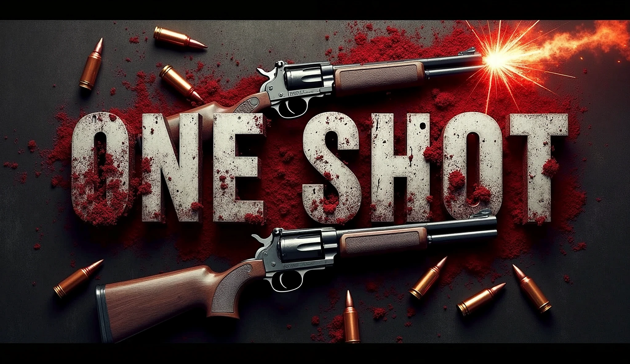 Creating an extremely aggressive digital music cover, with an intense and dark atmosphere. The cover must feature realistic and detailed firearms, with visible shots, capturing the exact moment bullets leave the guns. Explosion and spark effects should be vivid and dramatic, occupying a large part of the image. The background must be dark, with metallic tones and rustic textures to intensify the feeling of danger and intensity. The title of the song, ‘One Shot’, must be displayed in large, striking letters, with a typography that refers to violence and energy, perhaps with shattering or cracking effects. The name of the artist, &#39;Marcelo Semedo&#39;, should appear in a corner, in a slightly smaller font, but still strong and striking, to complement the title. The color palette should include black, Red blood, and metallic gray tones.