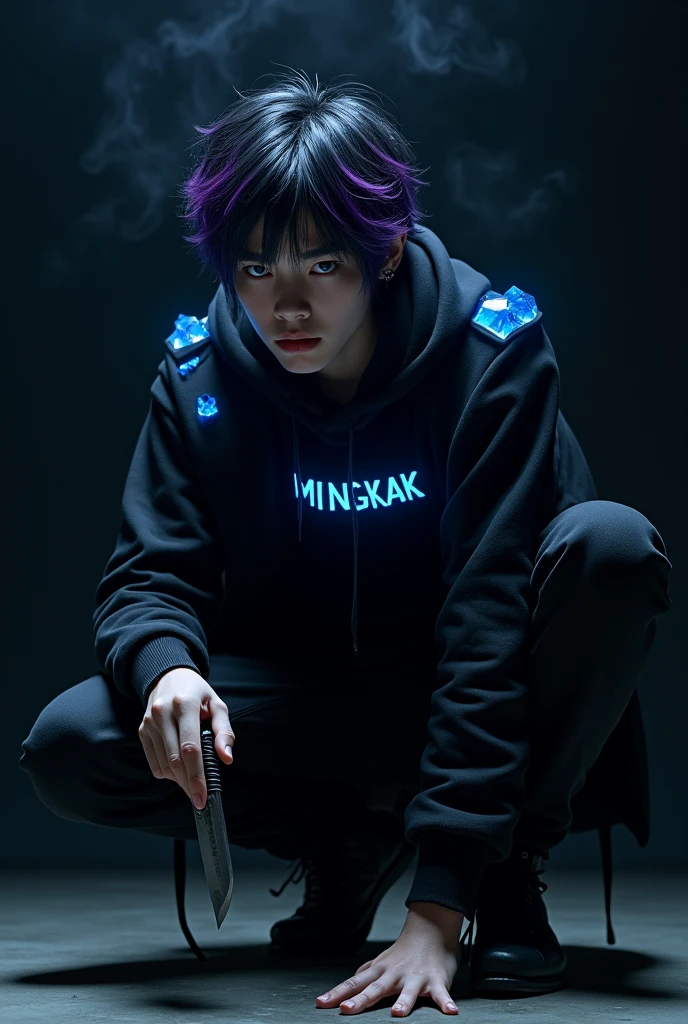 Make me a picture, character 3d real ,
A handsome 17 year old boy , black hair mixed with purple ,
Wearing a black jacket with blue glowing crystal decorations on his jacket ,
Wearing black jeans,
Wajah tampan nya displays expresi jahat dan datar ,
Crouching on the floor holding a small knife , black background with light , a thin layer of smoke filled the room,displays "MINGKAK" on his clothes.with blue neon font.
Real hyperrealistic, ultra hd is very real