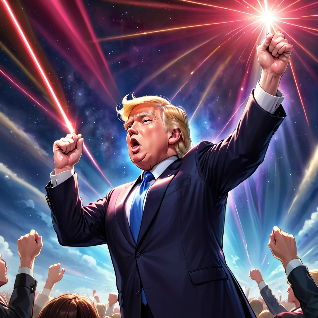 Donald Trump in a triumphant pose, cheering to the sky, ruby laser beams shooting up from his eyes