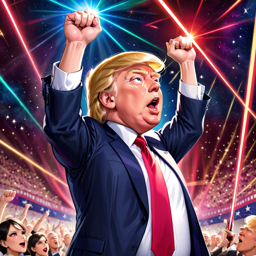 Donald Trump in a triumphant pose, cheering to the sky, ruby laser beams shooting up from his eyes