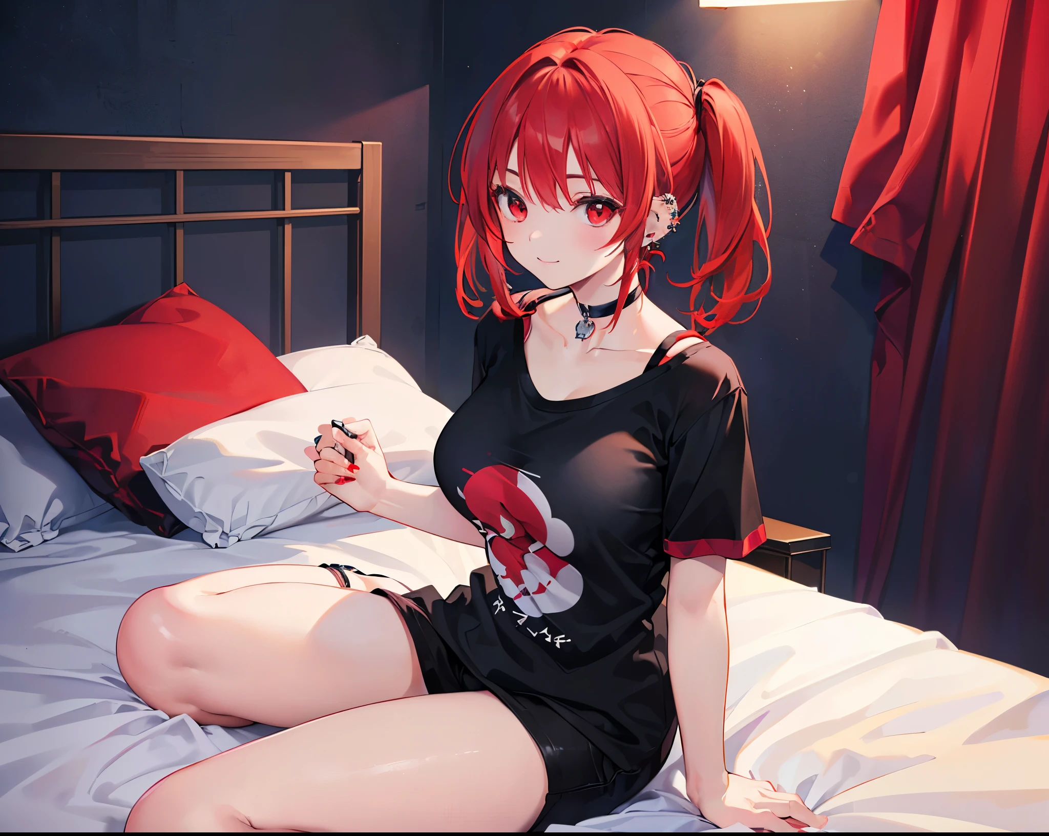 Realistic,Highest quality, Ultra Detail, High-quality CG rendering, The most delicate and beautiful, Floating softly, High resolution, (1 girl), (Highest quality,4K,8k,masterpiece:1.2),(Bright Red Hair:1.5), (semi-long:1.5),(Red eyes:1.5),(Slightly larger breasts:1.2),(Black oversized short sleeve t-shirt:1.5),(Piercing in left ear:1.3),Inside the room,smile,bed,(bedに座っている:1.3),(Pitch black choker:1.5),(whole body:1.3)