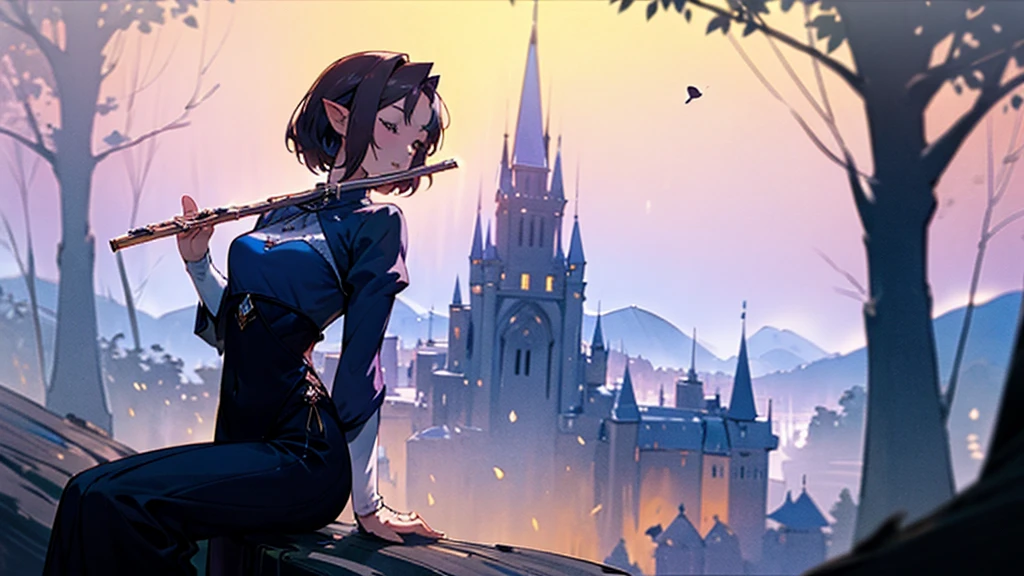 From diagonally profile, solo, Elf girl playing a flute ,while sitting gracefully on a tree branch ,magical atmosphere, panoramic fantasy night landscape,  town in the forest can be seen, with charming houses, winding streets illuminated by moonlight, she wear long outfit ,creating a magical summer atmosphere. Apply a depth-of-field effect with slight foreground blur to enhance perspective. surrounded by the luminous forest scene. Ensure her overall look is fantastical and otherworldly, with a mature grace that perfectly matches the mystical setting. Her eyes closed, A flute played sideways