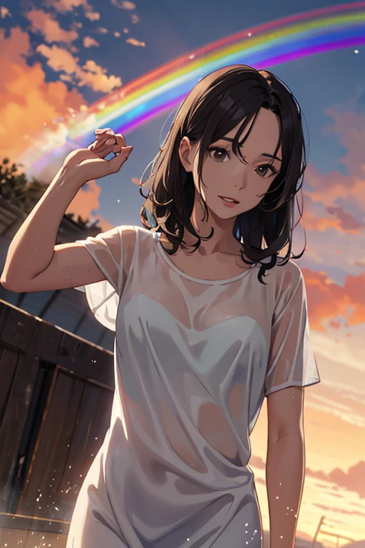 Mature woman in a wet white dress gets wet in a hurry, Her upper and lower body are clouded, Her curly brown hair is short, sunset, masterpiece, A rainbow appears, Viewed from the front.