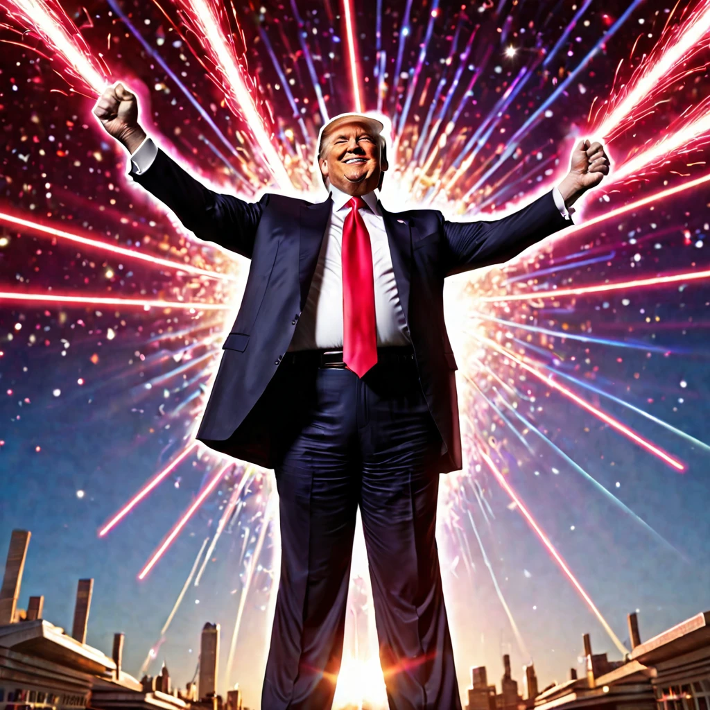 Donald Trump in a triumphant pose, cheering to the sky, ruby laser beams shooting up from his eyes
