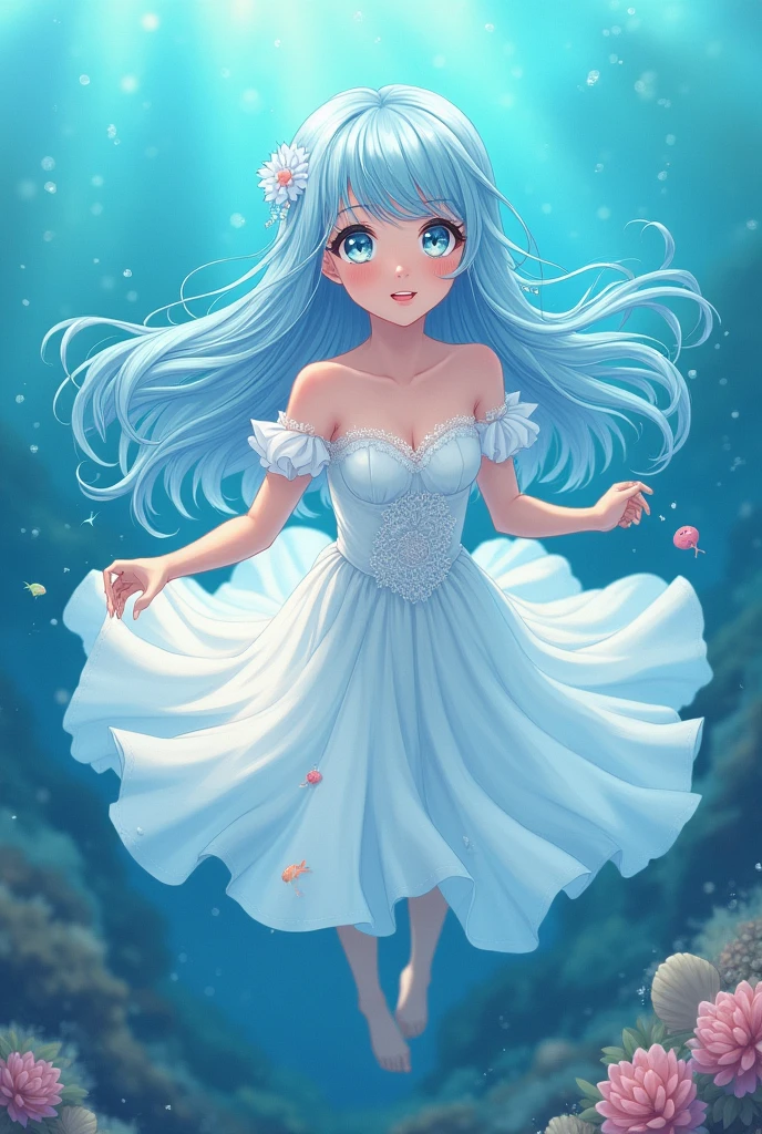 Anime illustration、high quality、masterpiece、girl、Long hair light blue、Thin like silk thread、髪飾りはshell付け流、Eyes Blue、Your eyes sparkle with white stars、The outfit is a white organza dress.、Ruffled、Small breasts、Fingers and toes precisely、The body is not transparent、、Swimming in the sea、No shoes on、The Little Mermaid、No fish tail、The background is in the sea、Kelp、shell、Small fish、coral、A lot of water bubbles、Picture by a picture book author、Paintings by people who have won many art awards