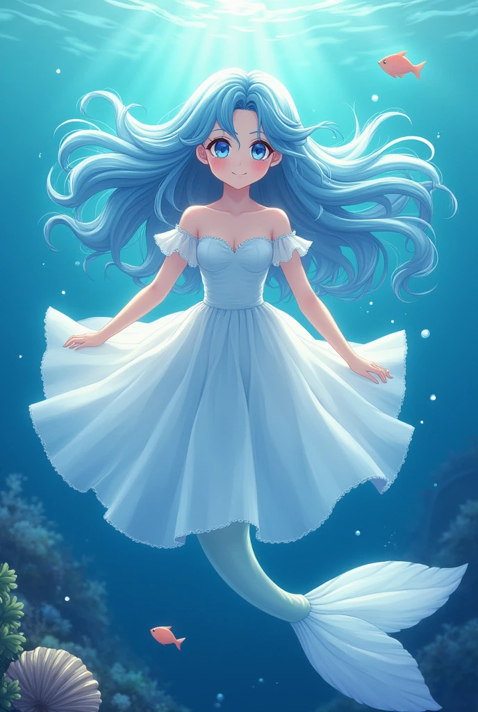 Anime illustration、high quality、masterpiece、girl、Long hair light blue、Thin like silk thread、髪飾りはshell付け流、Eyes Blue、Your eyes sparkle with white stars、The outfit is a white organza dress.、Ruffled、Small breasts、Fingers and toes precisely、The body is not transparent、、Swimming in the sea、No shoes on、The Little Mermaid、No fish tail、The background is in the sea、Kelp、shell、Small fish、coral、A lot of water bubbles、Picture by a picture book author、Paintings by people who have won many art awards