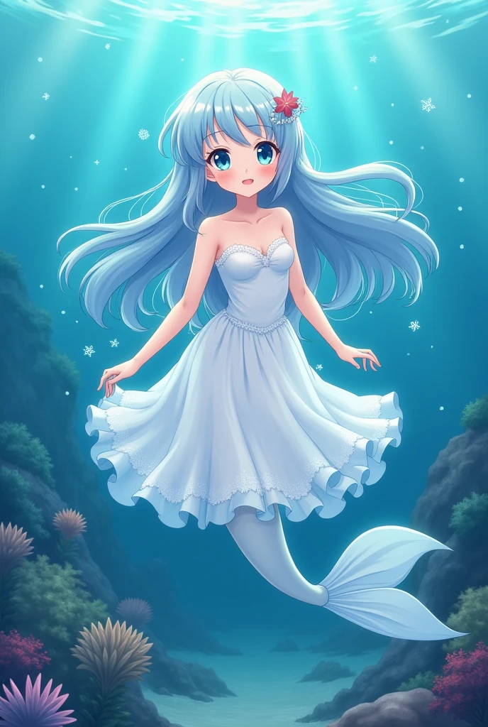 Anime illustration、high quality、masterpiece、girl、Long hair light blue、Thin like silk thread、髪飾りはshell付け流、Eyes Blue、Your eyes sparkle with white stars、The outfit is a white organza dress.、Ruffled、Small breasts、Fingers and toes precisely、The body is not transparent、13 years old、Swimming in the sea、No shoes on、The Little Mermaid、No fish tail、The background is in the sea、Kelp、shell、Small fish、coral、A lot of water bubbles、Picture by a picture book author、Paintings by people who have won many art awards