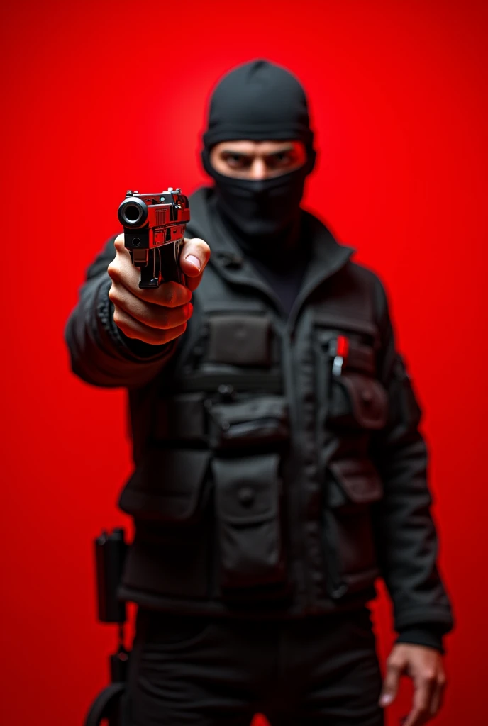 (photorealism:1.2) a terrorist man standing at the center and holding a gun with red background
