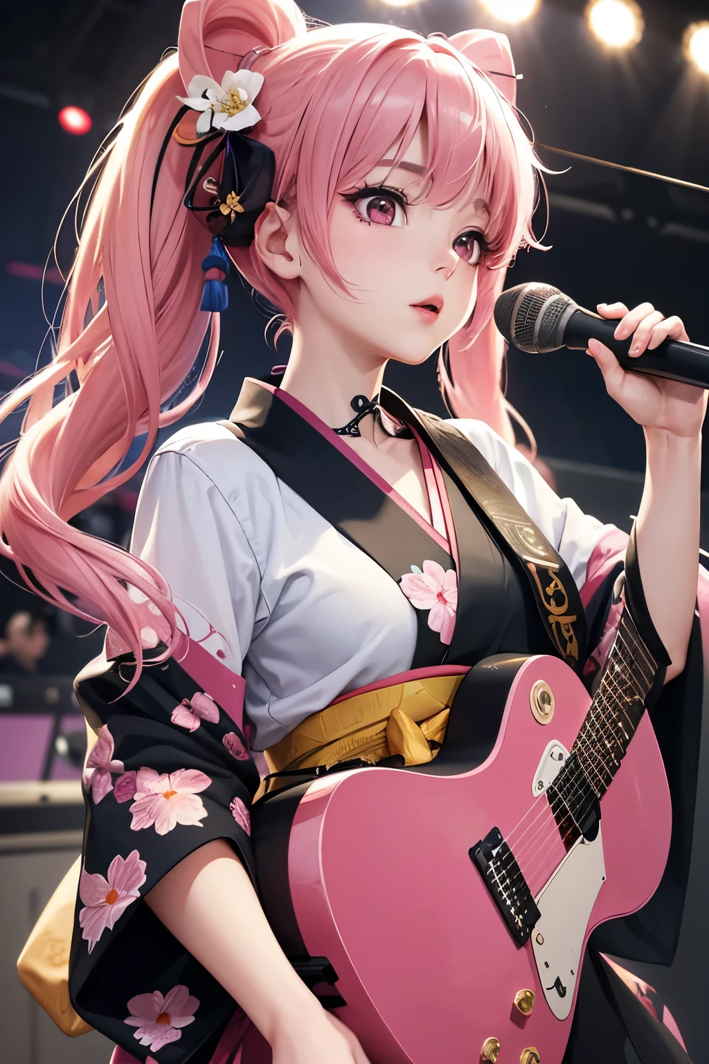 masterpiece, best quality, very detailed, high resolution, expensive resolution, high resolution, 4K, 8k, Unity 8k wallpaper, highly detailed CG, masterpiece, 2D, 3D, beautiful details, depth, fine texture, best quality: 1.3, perfect focus, crispy skin, he,
Very cute anime girl, girl playing guitar vocals in a band wearing a Japanese fancy floral haori hakama, on outdoor stage, full body, expensive pink  twin tail hair, mole under eye, looking at the viewer, expensive, blush, mole, lips open, , heart choker, pink eyes, guitar vocals, stage