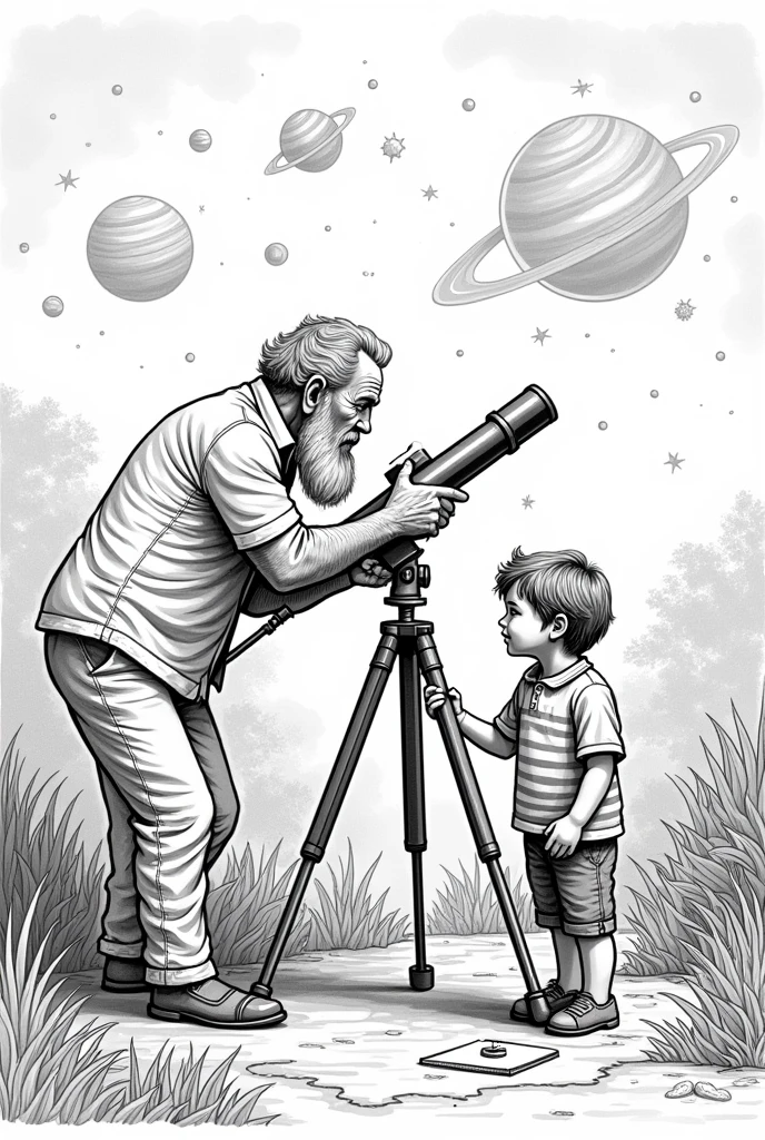 create the grandfather with a telescope , to color in black and white, teaching a child , A notebook and a pencil and a map of Colombia, observing the stars and planets