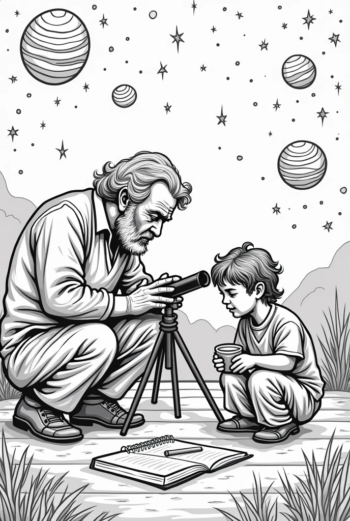 create the grandfather with a telescope , to color in black and white, teaching a child , A notebook and a pencil and a map of Colombia, observing the stars and planets