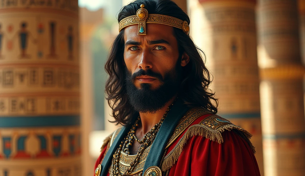 A handsome and beautiful man with a long beard, slightly long hair, blue eyes, and wearing the clothes of ancient Egyptian kings.  