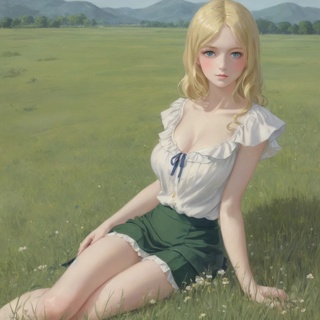 5 girls,group blonde, Green eyes, 1930s European style, high quality, full-body shot, 17 years old, Big breasts,  beauty的腿, Sailor Suit, Shoulderless blouse and short skirt posing while lying on the grassland, blue sky , delicate eyes, Delicate lips, Extremely detailed face, long eyelashes, Elegant, beautiful, beauty, charming, Exquisite, Realism, 8k, best quality, masterpiece, Endless grassland，shy look 
