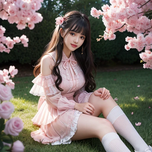 best quality, Delicate face，beautiful visual work, lifelike, eternity, black hair, Long curly hair, blunt bangs, Smile, Detailed Background, Delicate face，blush，cold，((masterpiece))、(top quality)、8k、high detail、Super detailed，31-year-old female，lolita dress, layered dress, Lots of bows on the dress,Pink dress,masterpiece、born、Scenes resembling fairy tale illustrations、intricate details和複雜的設計、Beautifully、magic、capricious、 Beautifully、Dream aesthetics、「𝓡𝓸𝓶𝓪𝓷𝓽𝓲𝓬、ethereal、charming、fickle、magic」、realism、Visual effects、FXAA、SSAO、Shader、voiceless、ambient lighting、Tone mapping、High resolution、Ultra high quality、Million pixels、(8K resolution:1.10)、8k、8k以下、8K resolution、high detail、intricate details， (high quality:1.2、masterpiece:1.2、:1.21)、(31-year-old female:1.21)、(興奮地Smile)、(被dreamy atmosphere所包圍、Model diagram，full-body shot，Normal 2 feet，Put your hands behind you，The protrusion of the breast is visible when wearing clothes, Large Breasts, H cup chest, in the garden,
Pink skirt, Pink loli dress, layered skirt, Lolita style long skirt,layered dress lace-trimmed 裙子, decorate, lace, Long sleeve, Puff sleeves, Wide sleeves, Transparent sleeves, Detailed Background, White knee socks, pink shoes，Lots of lace，((​masterpiece))、(top quality)、8k、high detail、Super detailed、穿着Pink loli dress((dreamy atmosphere:1.1))，masterpiece、born、Scenes resembling fairy tale illustrations、intricate details展示了洛麗塔連身裙的荷葉邊和複雜的設計，Baotou shoes