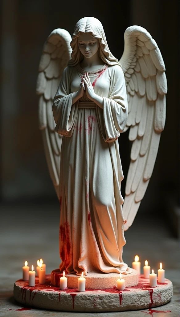 A stone statue of a female angel,Wearing a white robe,There was blood on the robe,The angel stands on a circular stone platform,In the church,The angel has a pair of angel wings on his back,There are a lot of lit candles at your feet,There was blood everywhere,Two lines of bloody tears flowed from the angel's face