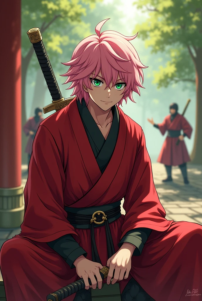 
A ninja man, without mask, green eyes, pink hair, wavy hair, smiling, red tunic, holding a sword, sitting, in a temple, in the forest, at noon, sunshine, warriors training in the background