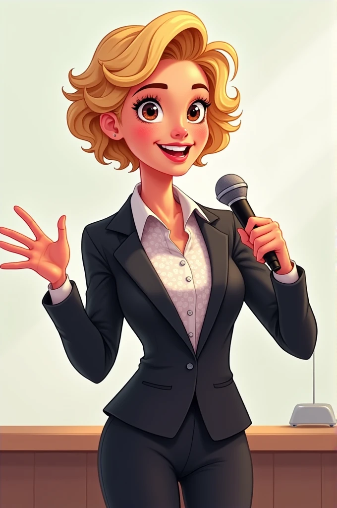 Draw a digital-style cartoon of a presenter holding a microphone. The character must be wearing a smart black suit with a patterned shirt underneath., and have a friendly and confident expression, with curly and blond hair. The pose must be charismatic, with one hand raised as if gesturing while speaking. The caricature must follow a clean and detailed style., with soft strokes and vibrant colors, capturing a welcoming and professional energy.