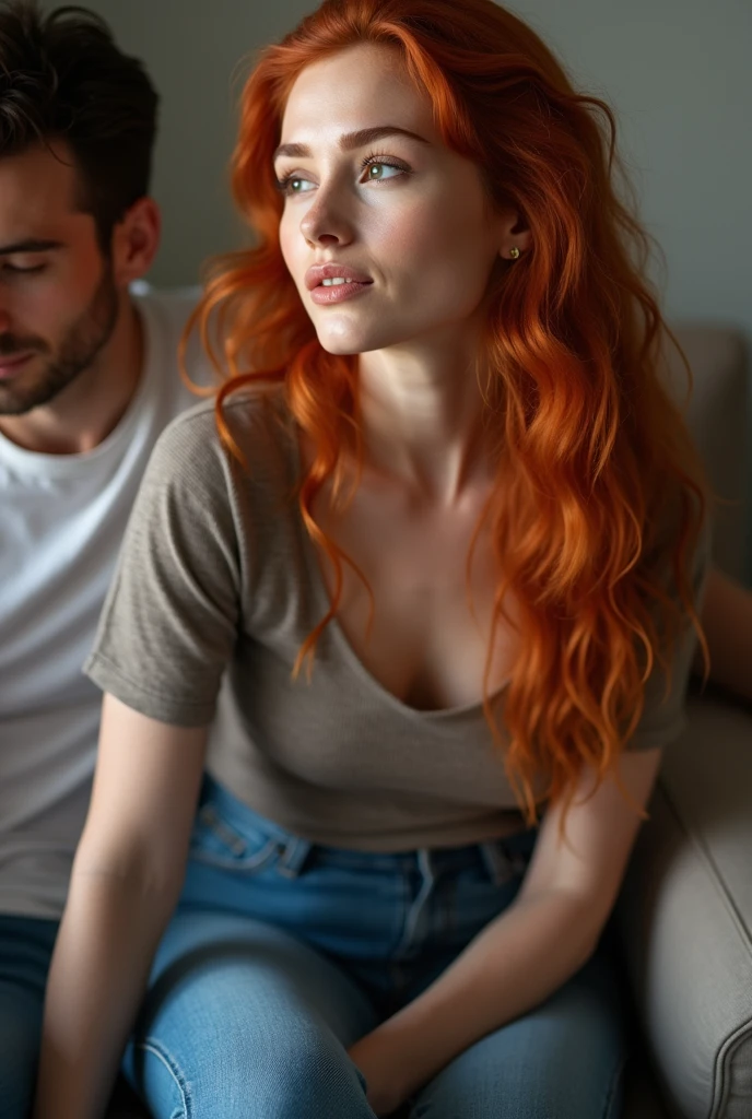 a beautiful woman, married woman, 32 years old, long red hair, shiny brown eyes, new, sitting on a man&#39;s lap on the couch while her husband watches them both