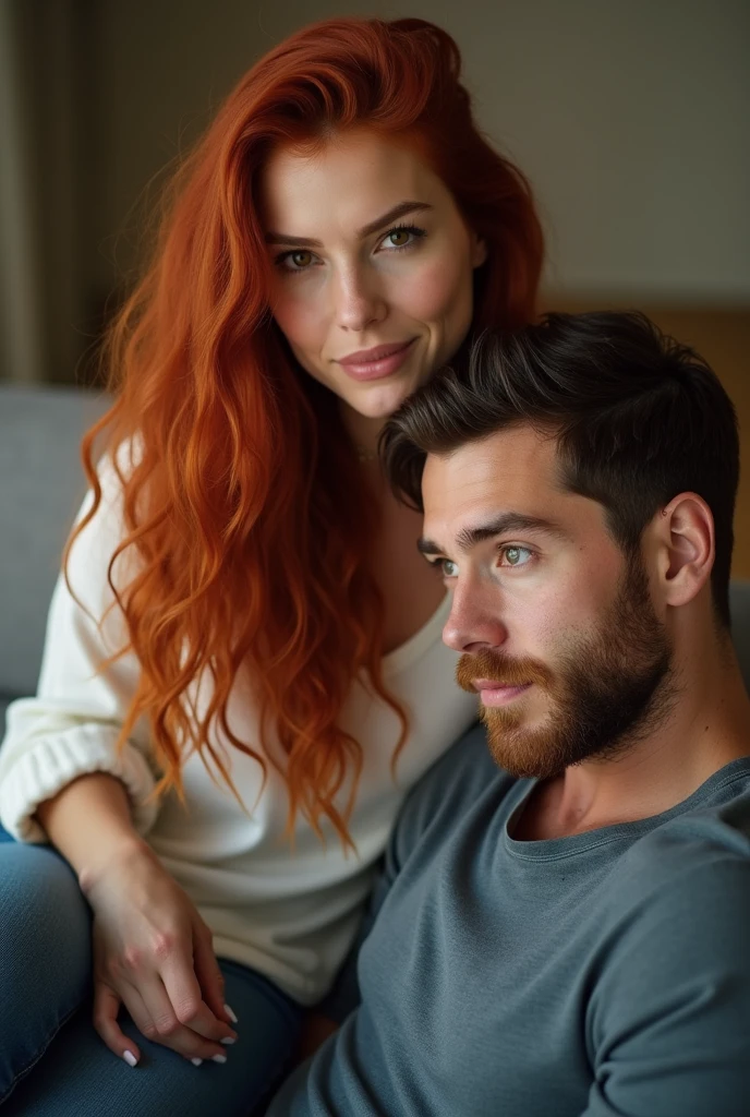a beautiful woman, married woman, 32 years old, long red hair, shiny brown eyes, new, sitting on a man's lap on the couch while her husband watches them both