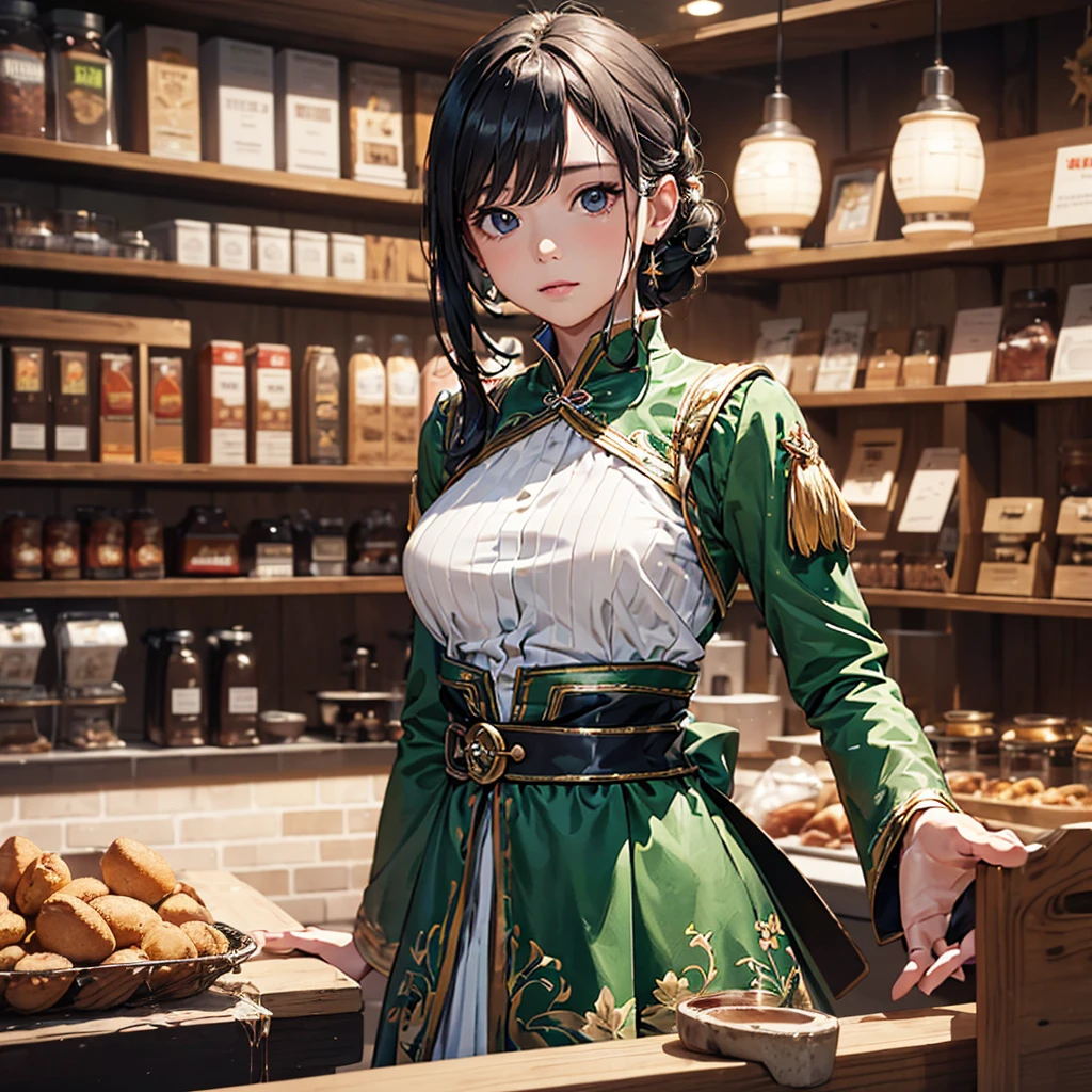 CG, Unity, 8k, wallpaper, Highest quality, masterpiece, Lovely lady, 18-year-old, (Realistic), Best lighting, Complex pupil, Intricate weaving, Detailed Background,(Barista 1.5),Transparent sleeves、(Delicate clothing with intricate patterns and decorations),A composition that shows the whole body,One Woman、(Battle costume:1.5)、Green sleeves outfit、(Decoration inspired by foam and coffee beans)、(Brown apron:1.1)