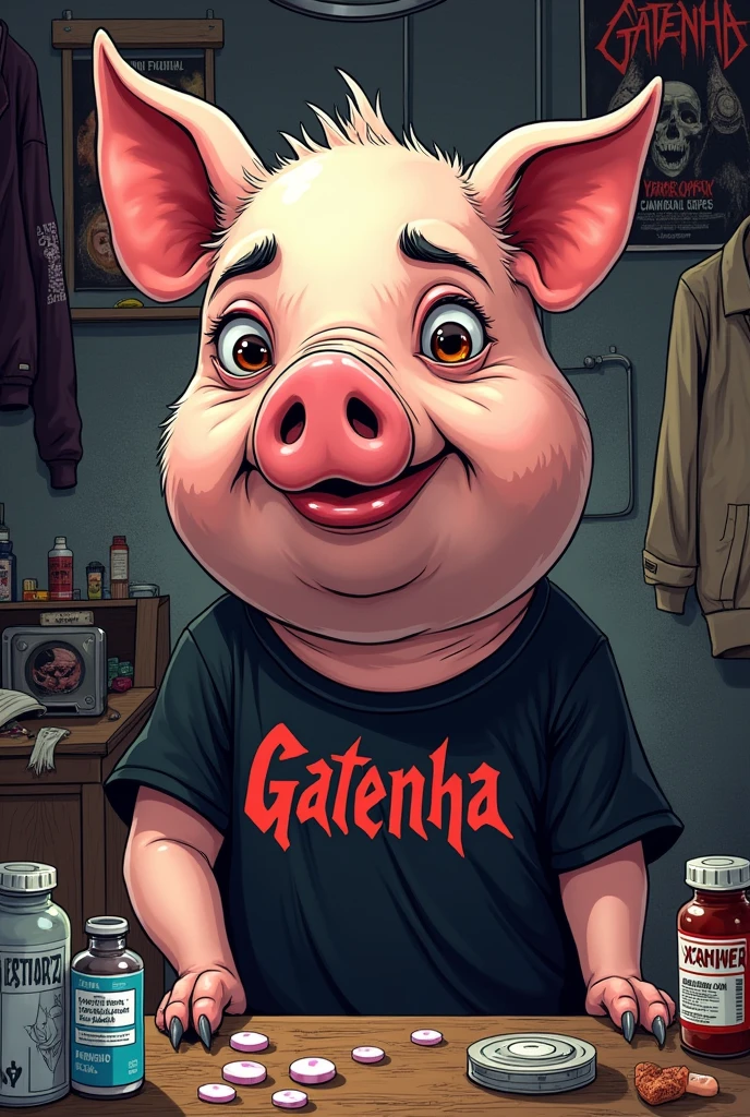 A pig drawn in cartoon art style, like the one on the cover of Mad Magazine. The art has to be very realistic and fun.. A pig in his messy room with clothes and xanax tablets, messy death metal and black metal band outfits, posters de bandas com logos como bandas tipo Mayhem e Canibal corpse e black dahlia murder. But the bands are called Gatenha. The pig is on xanax, and with a black metal band shirt with the name Gatenha. The pig is high on benzodiazepines and his expression is relaxed and content., with swollen eyes. His eyebrows are thick and his hair is bald.