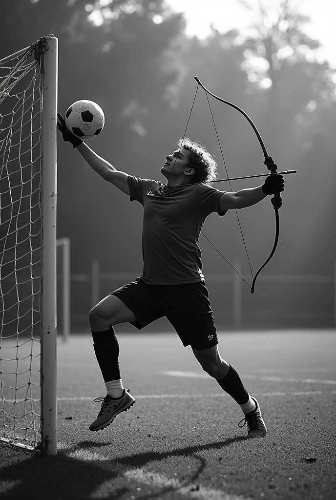Black and white image of Archer's volada, stopping a ball with a wrong hand in the top left corner of a goal