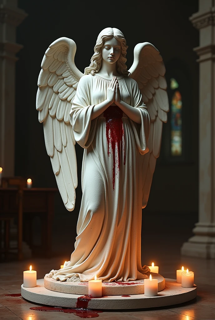 A stone statue of a female angel,Wearing a white robe,There was blood on the robe,The angel stands on a circular stone platform,In the church,The angel has a pair of angel wings on his back,There are a lot of lit candles at your feet,There was blood everywhere,Two lines of bloody tears flowed from the angel's face