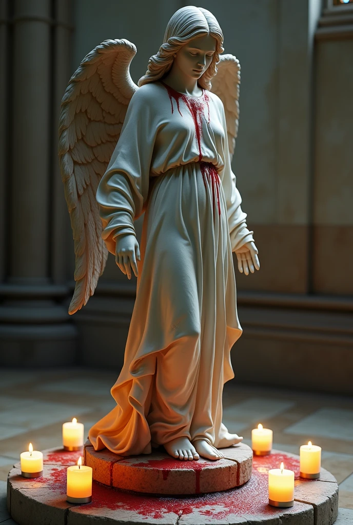A stone statue of a female angel,Wearing a white robe,There was blood on the robe,The angel stands on a circular stone platform,In the church,The angel has a pair of angel wings on his back,There are a lot of lit candles at your feet,There was blood everywhere,Two lines of bloody tears flowed from the angel's face