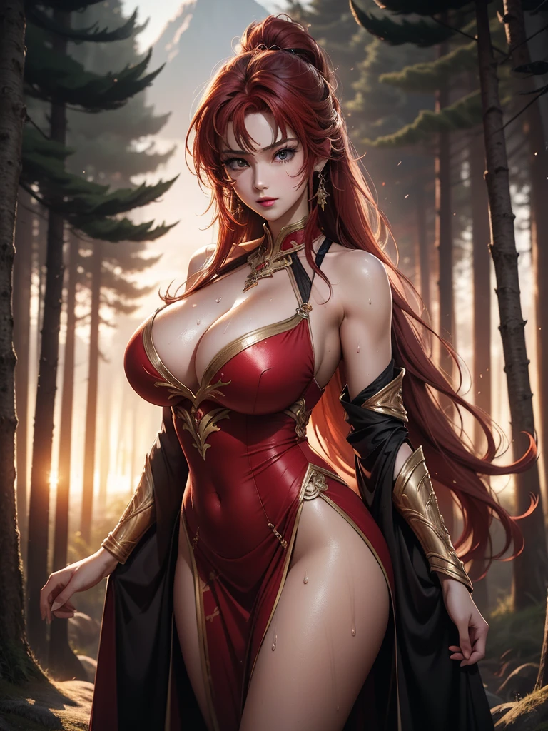 1female,25 yers old,Huge breasts, solo,Saint Seiya,shairband,coniferous forest, She has short flowing bright red hair, standing on your feet,Bigchest,Wet straight hair,Sweat profusely,drenched all over the body, From the front side, hair straight, mostly cloudy sky,(((tmasterpiece),(Very detailed CG unity 8K wallpaper),best qualtiy,cinmatic lighting,detailed back ground,beatiful detailed eyes,Bright pupils,(Very fine and beautiful),(Beautiful and detailed eye description),ultra - detailed,tmasterpiece,)),facing at camera,A high resolution,ultra - detailed),beautifullegs,,Emotive expressions,Open-mouthed,Chest sagging,,extremely large bosom,Extremely colorful,Most detailed,fully body photo,The face is well lit, close up shot, zoomed in