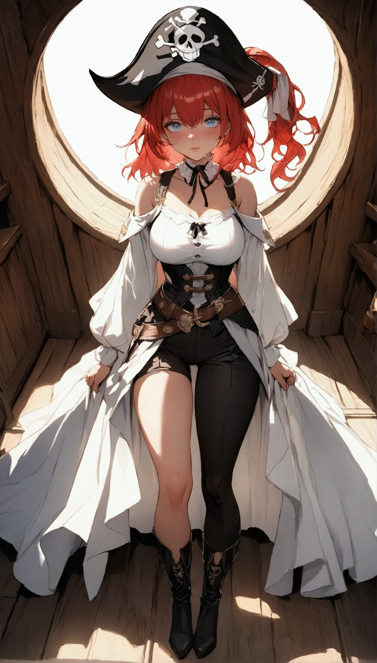 (Masterpiece. The best quality. 8K. Sharp focus. Depth of field, The best shadows. Perfect lighting. HDR. Realistic skin texture. Ultra-detailed background. Detail). Anime style. Honkai: Star Rail. March 7. 1 girl. Fiery red hair, short hair. Azure blue eyes, beautiful eyes, beautiful eyes, expressive eyes. Beautiful nose, perfect facial features. Perfect anatomical body, slender figure, second size breasts, beautiful breasts, thin waist, rounded hips, beautiful long legs. Pirate hat, white blouse, pirate pants, Uniform cloak, shoulder straps with the Jolly Roger, knee-high boots, wide belt at the waist. Cold. Runny nose. Snot. Nasal mucus. Sneezes. Covers nose with hands. Slight blushing, embarrassment. Feet shoulder-width apart. Standing in the captain's cabin. Standing at full height. Concept art. Looking at the viewer. Full-length. Full body.