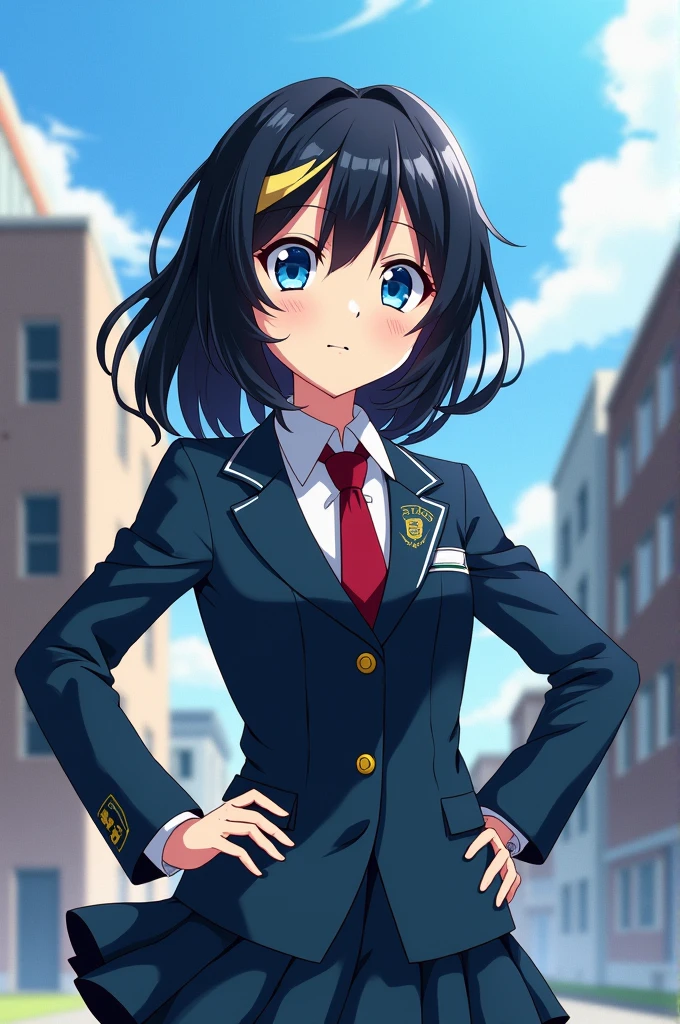 Screenshot of my hero academia. Girl with medium-long black hair with a blonde lock with blue eyes in a UA uniform with a UA background