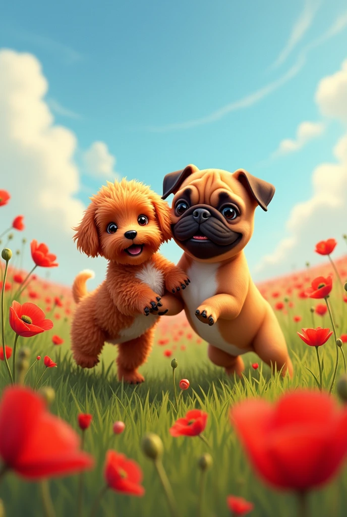 Red mini goldendoodle puppy with white chest playing with fat brown french bulldog in  field of poppies 