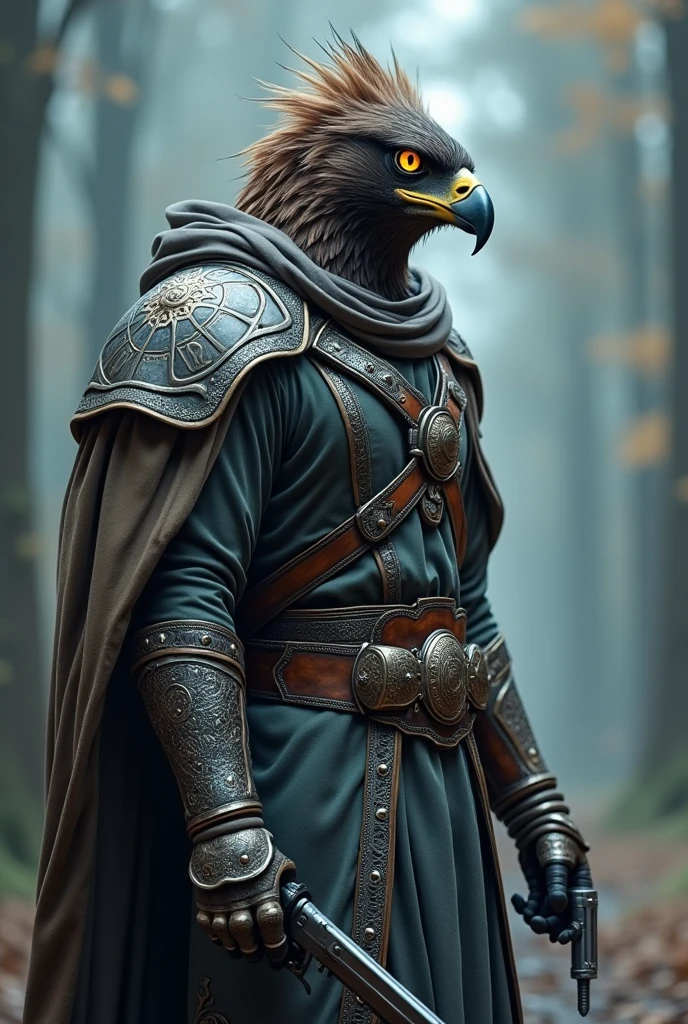 Appearance: Your character has a hybrid appearance between a hawk and a human.. He has sharp, piercing eyes, typical of a hawk, with feathers that blend with human hair, creating an imposing crest. Their hands and feet are a combination of sharp claws and human fingers., allowing you to handle your pistol with precision.

Fixtures: He carries a magic pistol, intricately decorated with arcane runes that glow when he channels his magics through it. The pistol is an extension of your magical will, allowing you to fire spells with the accuracy of a shot.

tenue: His attire is a mix of arcane robes and practical gunslinger clothing.. He wears a light cloak that does not hinder his movements., with leather and metal details for added protection. The predominant colors are shades of silver, reflecting his affinity for magic and the sky.
