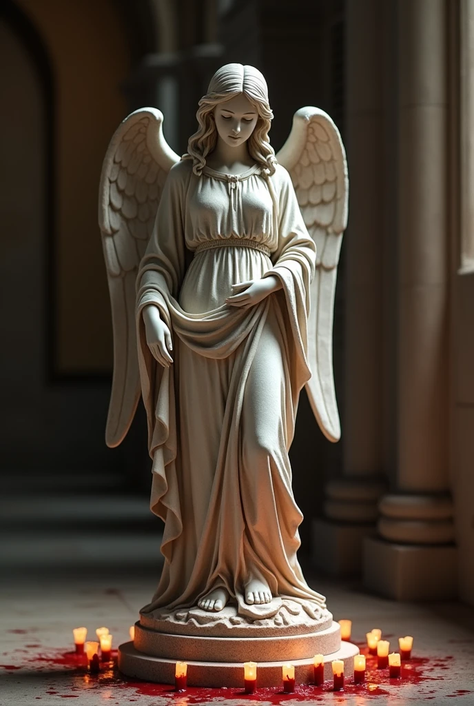 A stone statue of a female angel，s the perfect face，The angel has a pair of wings on his back，Wearing a robe，Stand on a circular stone platform，In the church，There are a lot of lit candles at your feet，There was blood on the robe，There was blood on the ground，The angel shed tears of blood