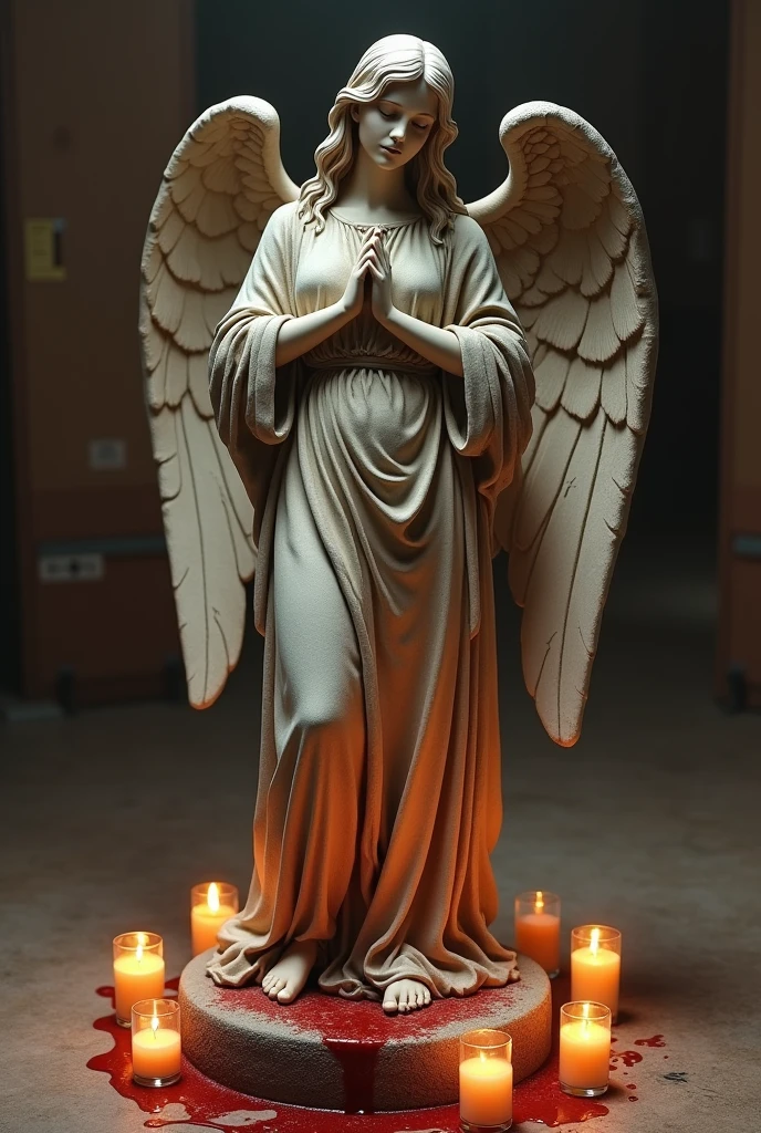 A stone statue of a female angel,Wearing a white robe,There was blood on the robe,The angel stands on a circular stone platform,In the church,The angel has a pair of angel wings on his back,There are a lot of lit candles at your feet,There was blood everywhere,Two lines of bloody tears flowed from the angel's face