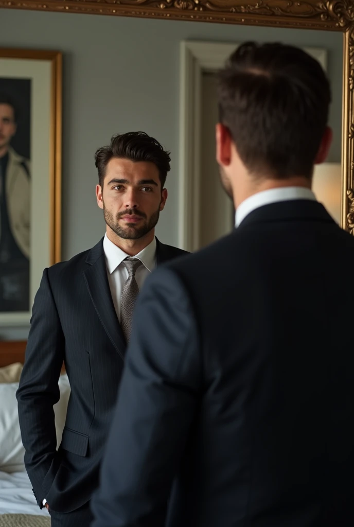 Portrait of a businessman in New York standing behind his bedroom mirror in a suit watching himself in the mirror, this man must be handsome and with little elegant hair the image must be clear and in 8k and behind him you must see New York